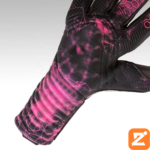 Close-up of goalkeeper gloves showcasing a textured palm for improved grip in wet conditions.