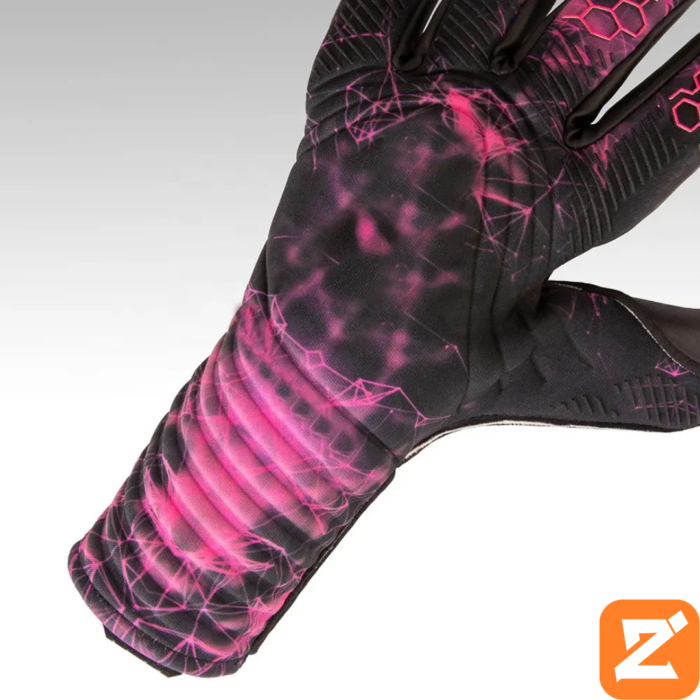 Close-up of goalkeeper gloves showcasing a textured palm for improved grip in wet conditions.