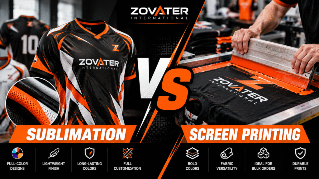 Sublimation vs screen printing comparison showing custom sportswear jersey and screen printing process by Zovater International.