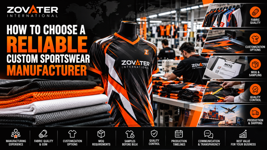 Custom sportswear manufacturing guide showing jersey production, fabric quality, customization and quality control by Zovater International.