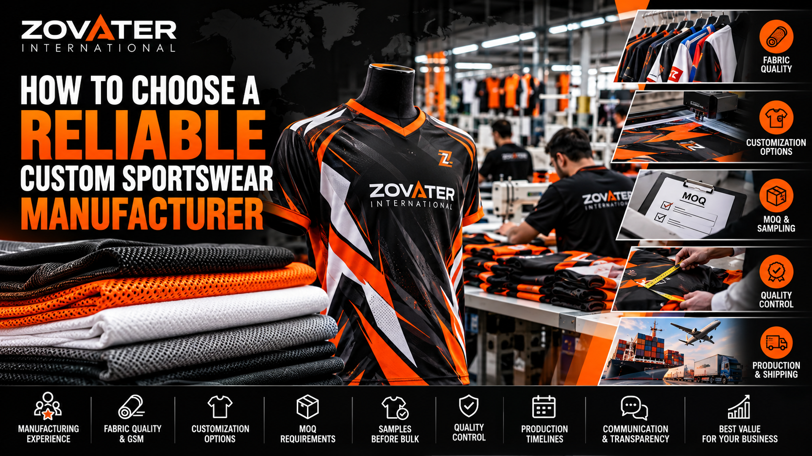 Custom sportswear manufacturing guide showing jersey production, fabric quality, customization and quality control by Zovater International.